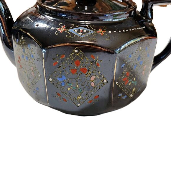 Vintage Japanese Teapot Brown Glazed Gold Trim Hand Painted 8 Sided Ceramic - Picture 7 of 16